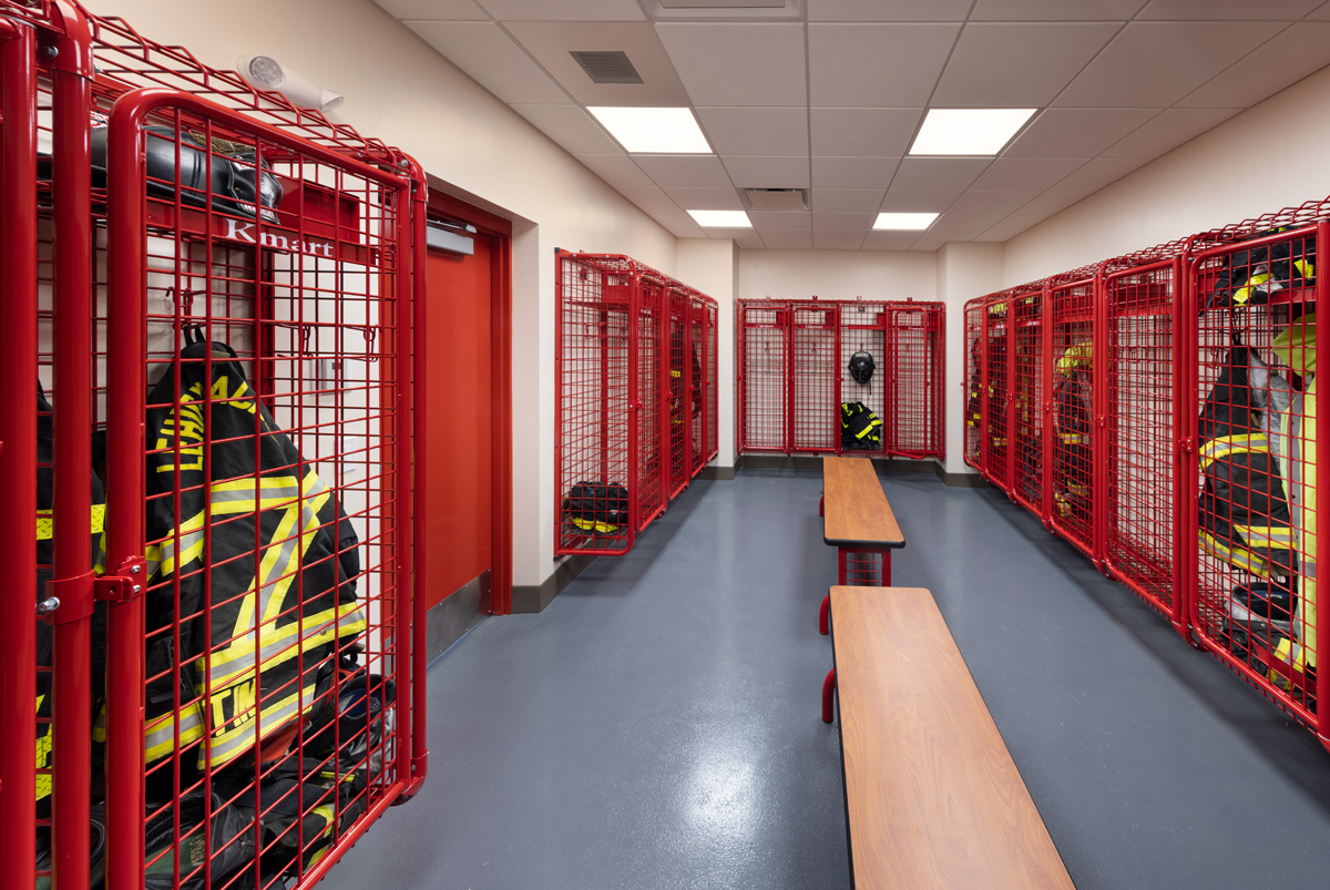 Interior design view of the bunker gear of Fire and Rescue Station 106 Lehigh Acres, FL.
